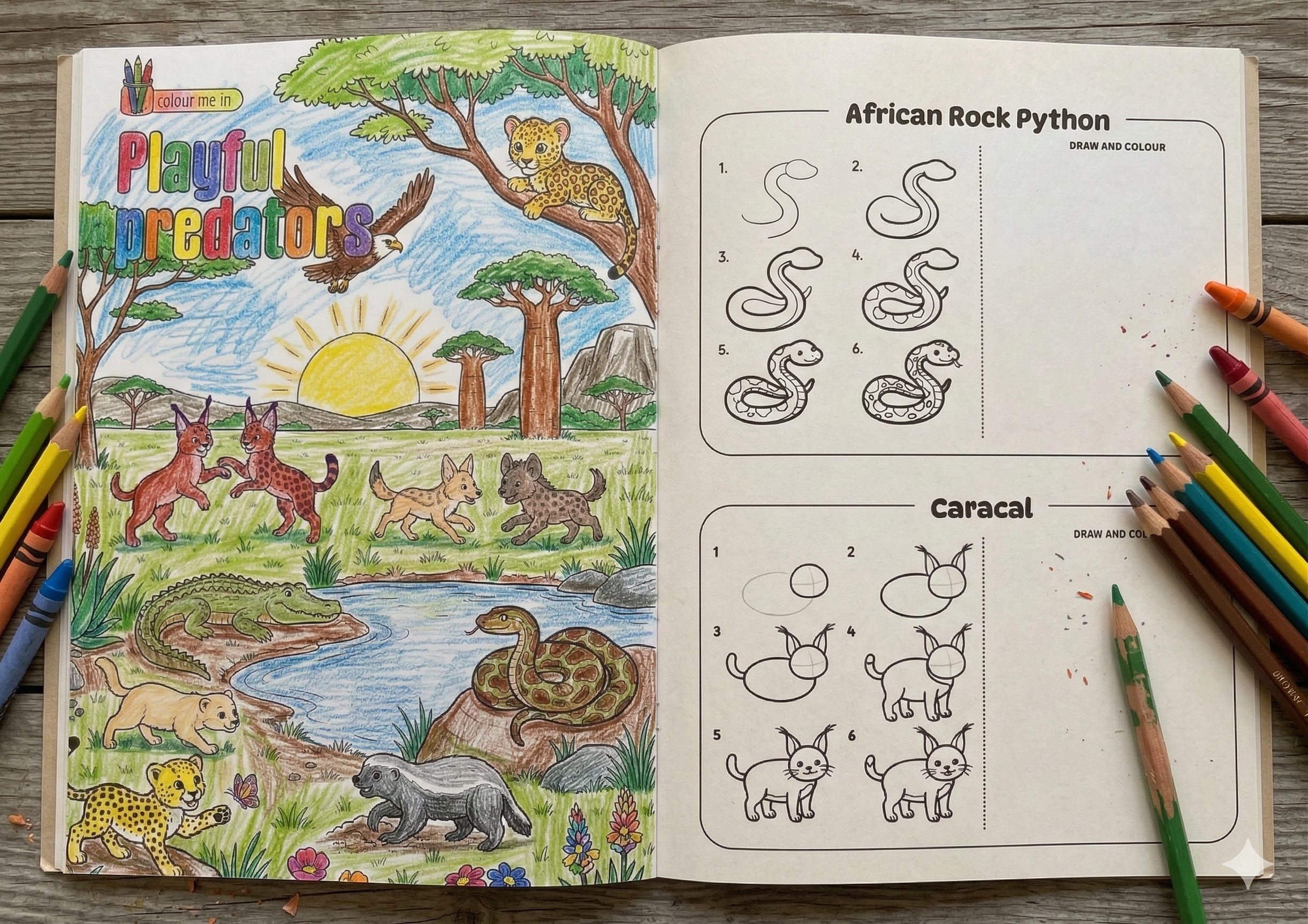 Inside the Learn to Draw African Animals book showing colorful illustrations of savanna wildlife